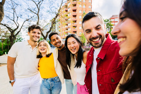 Happy group of multiracial young friends having fun together in city streetの写真素材