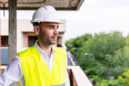 Construction engineer wearing safety helmet and vest inspecting building siteの写真素材