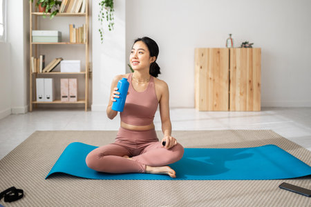 Young sportive asian woman holding bottle of water after work out at homeの写真素材