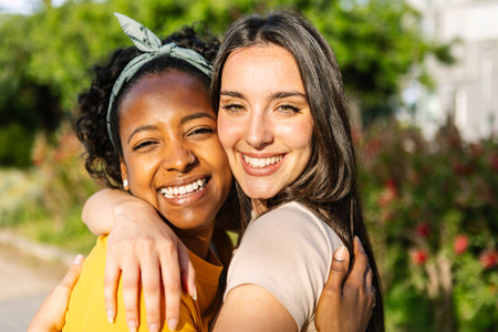 Two smiling young women embracing outdoors in a parkの写真素材