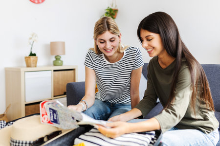 Two happy young girls planning their next vacation trip at homeの写真素材