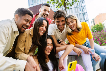 Young happy group of diverse friends laughing while using mobile phone at cityの写真素材