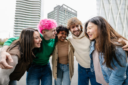 Happy young diverse friends laughing and hugging together outdoorsの写真素材
