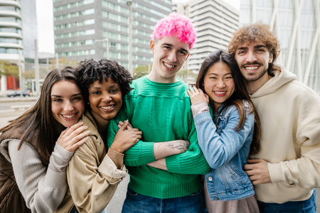 Millennial diverse friends laughing and hugging in autumn city street