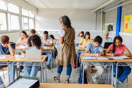 High school students taking exam under teacher supervision in classroom