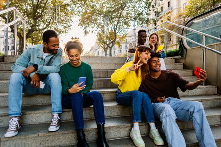 Young group of diverse college student friends using mobile phone outdoors