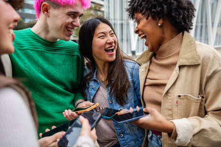 Multiracial friends using mobile phones and laughingの写真素材