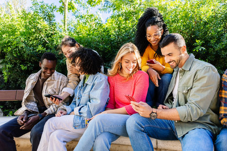 Young diverse student friends using mobile phone outdoors