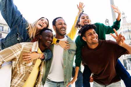 Group of millennial friends taking photo outdoors in the cityの写真素材