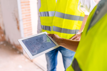 Engineers using digital tablet showing blueprint at construction siteの写真素材