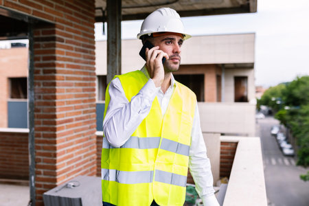 Construction engineer talking on phone at building siteの写真素材