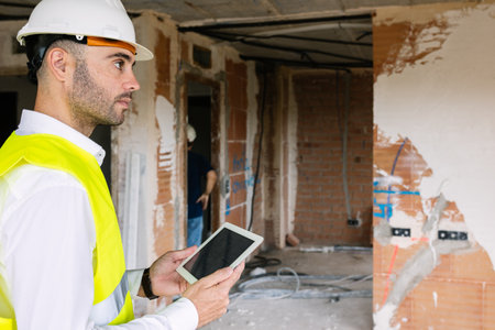 Engineer using tablet at construction site, supervising renovation projectの写真素材