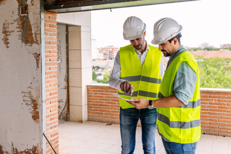 Engineers using tablet discussing construction project at building siteの写真素材