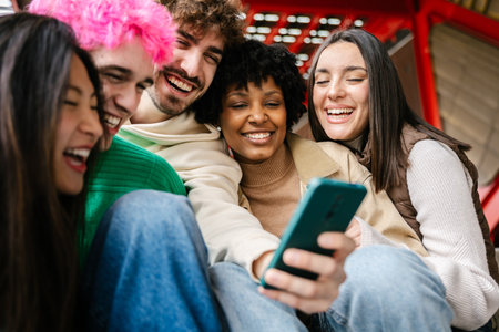 Diverse group of students sitting on campus stairs using phones togetherの写真素材