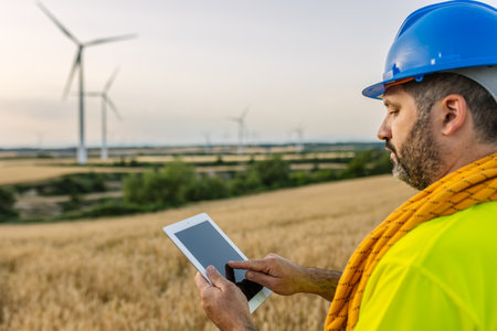 Engineer analyzing wind farm data on tablet