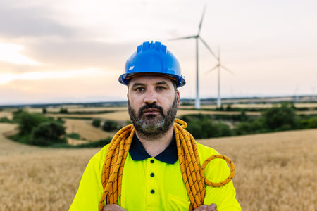 Engineer worker standing in wind farm fieldの写真素材