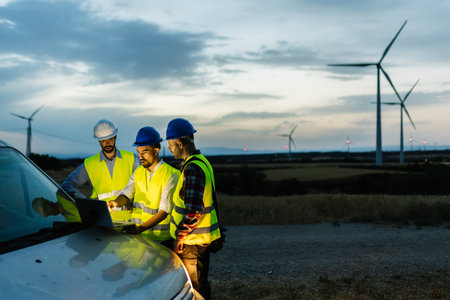Engineers examining wind farm plans at duskの写真素材