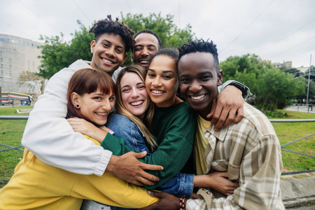 Group of diverse millennial friends hugging and laughing together in the cityの写真素材