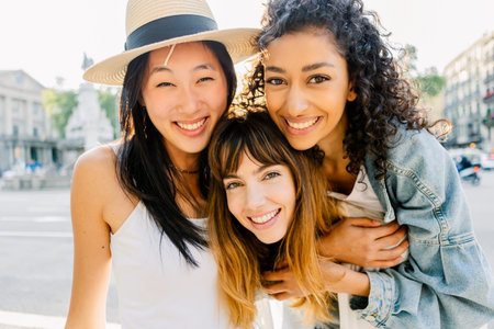 Smiling diverse young women embracing outdoors in the cityの写真素材