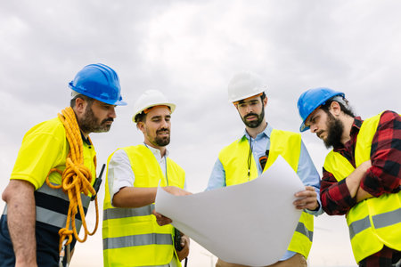 Engineers and workers discussing blueprint for renewable energy project