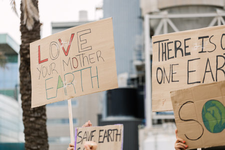 Activists protesting climate change holding demonstration signs