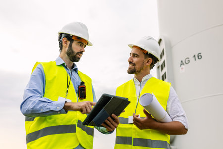 Engineers discussing wind turbine project plan