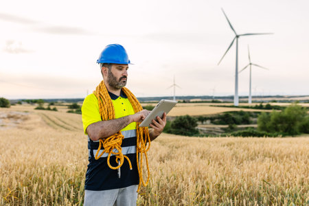 Engineer using tablet checking wind turbine farm