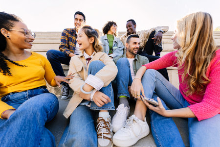 Group of young diverse student friends sitting on campus stairs talking together