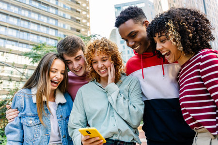 Young group of multiracial student friends sharing smartphone content