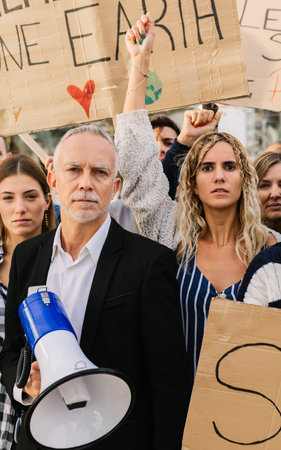Environmental activist speaking out during climate change protest
