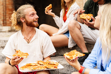 Multiracial friends eating pizza together in Italian city square