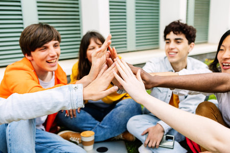 Young group of diverse student friends stacking hands relaxing at high school