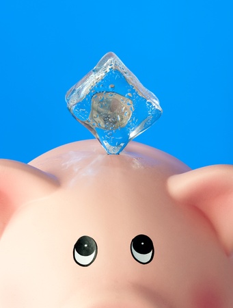 piggy bank with frozen euro coinの写真素材
