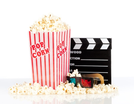 popcorn box with clapper board and 3d movie glasses on white backgroundの写真素材