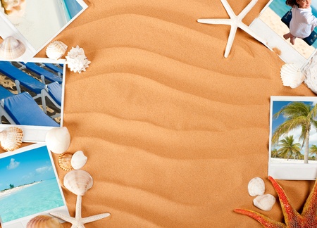 sand background with pictures, starfish and conchの写真素材
