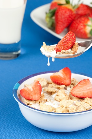 breakfast with flakes and strawberryの写真素材