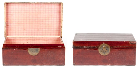 ancient trunk opened and closed isolated on white backgroundの写真素材