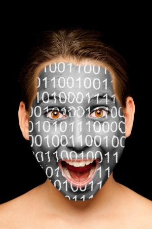 portrait of girl with binary code painted on her faceの写真素材