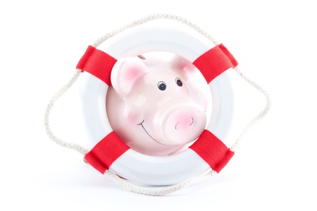 piggy-bank with lifebelt isolated on white background