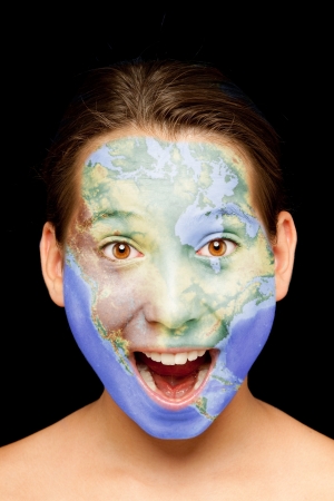 portrait of girl with north american map painted on her faceの写真素材