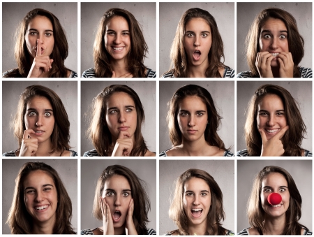 collection of young woman portraits with diferent expressionsの写真素材