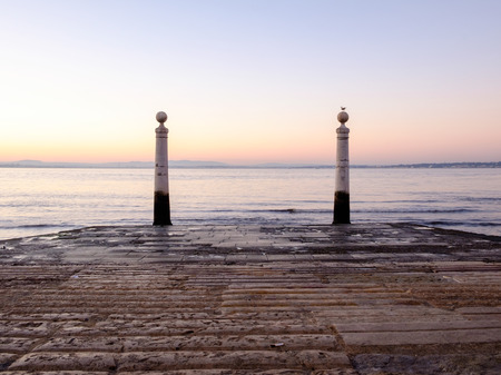 Cais das Colunas at sunrise, Lisbon, Portugalの写真素材