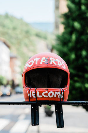 red motorcycle helmet. Motards welcome conceptの写真素材