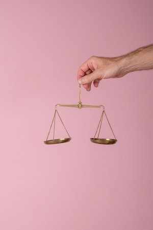 man hand holding a balance on pink background
