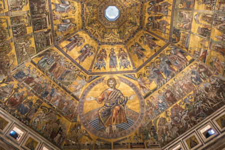 Christ Pantocrator. A Christian icon derived from one of the many names of God in Judaism. A mosaic on the ceiling of a dome on a golden background.のeditorial素材