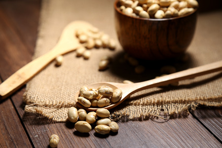 Fried beans in a bowl and wooden spoonの写真素材