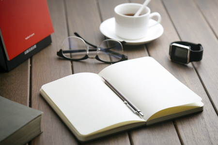 Stationery on the wooden tableの写真素材