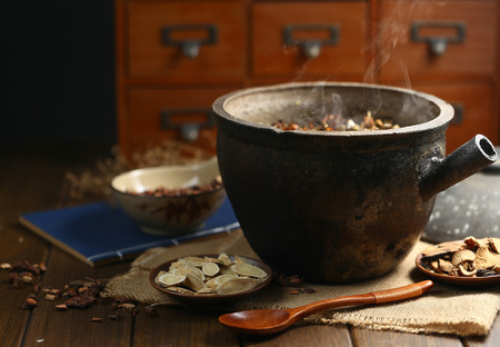 Chinese traditional herbal medicine in casseroleの写真素材