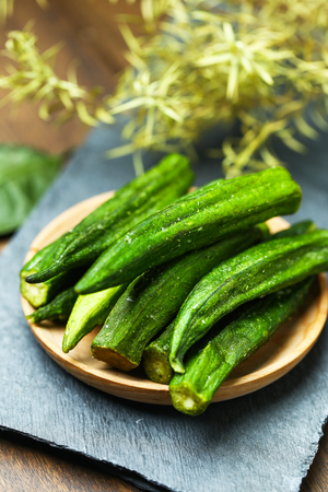Dried Okra on stone boardの写真素材