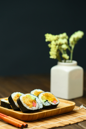 Korean Laver rice in bamboo plateの写真素材